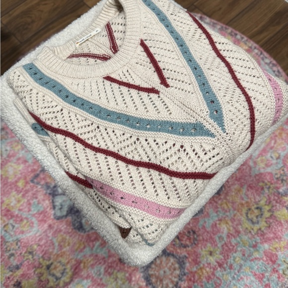 Marine Layer Cream Open-Knit Crew Sweater with Blue and Berry Stripes - Picture 2 of 6